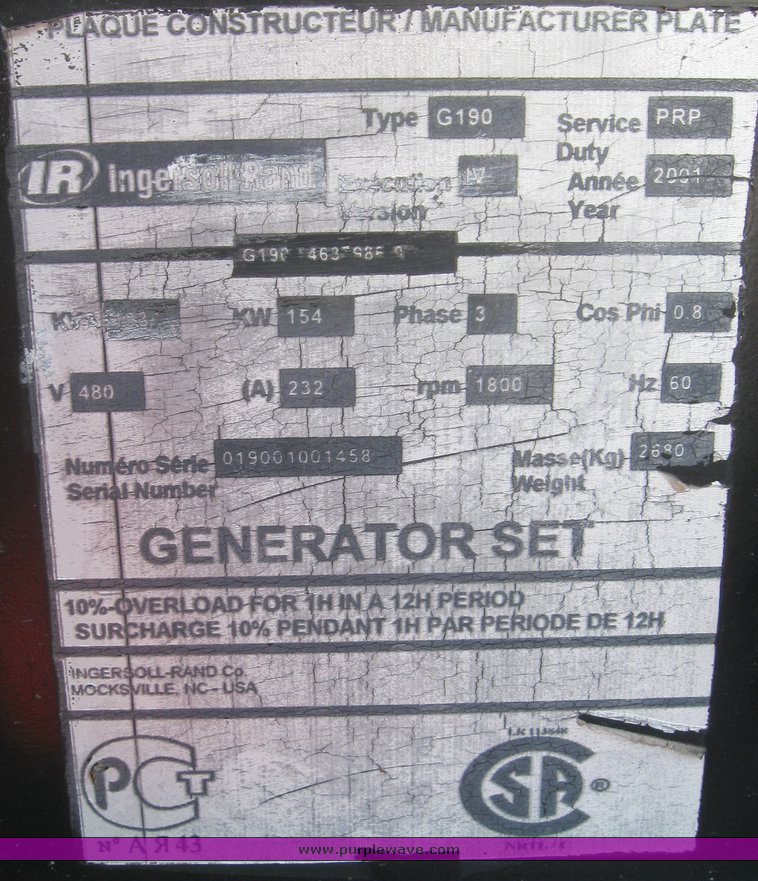 image for item 8048 2001 Ingersoll Rand G190 generator on trailer