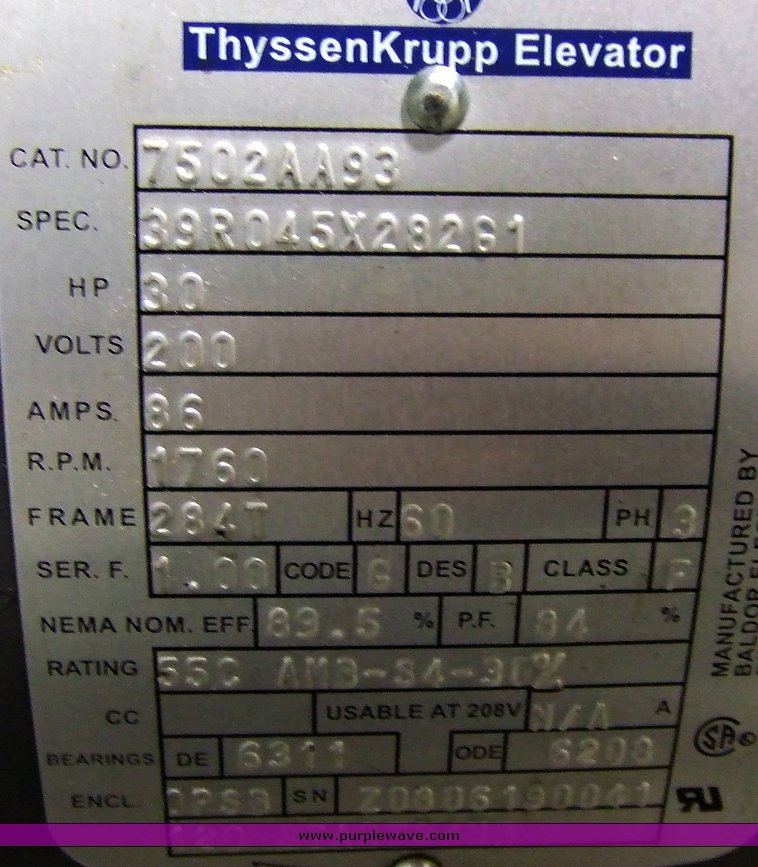 image for item 6647 Thyssen Krupp 30hp electric elevator motor