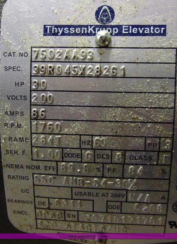 image for item 6648 Thyssen Krupp 30hp electric elevator motor