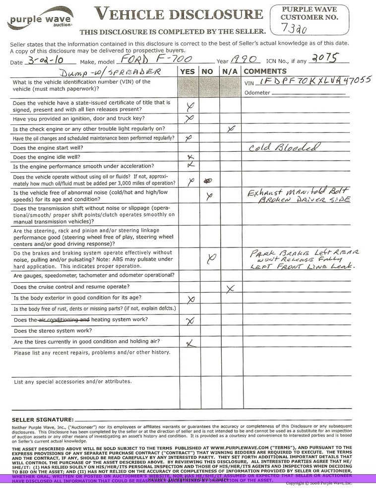 image for item 2075 1990 Ford F-700 dump truck with 8' Flink spreader body