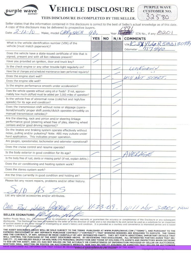 image for item 8201 1991 Chrysler New Yorker