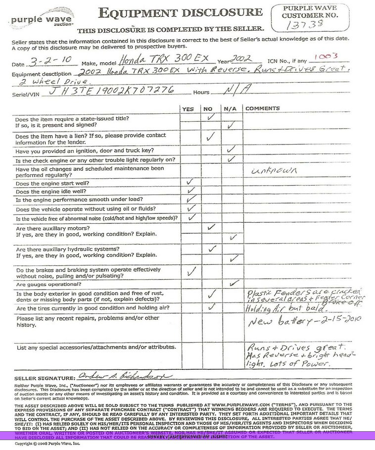 image for item 1003 2002 Honda TRX 300EX ATV