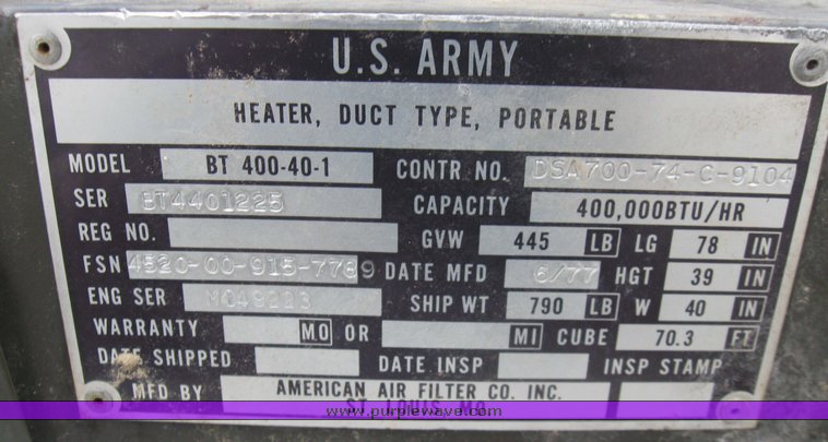 Herman Nelson 400,000 BTU military heater in Moberly, MO | Item 5492 sold |  Purple Wave