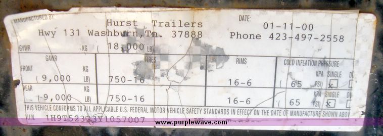 image for item 5697 2000 Hurst tandem axle trailer