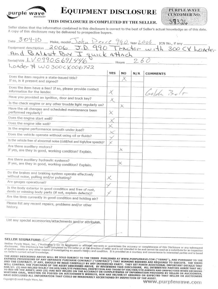 image for item 6800 2005 John Deere 990 MFWD tractor with John Deere 300CX loader