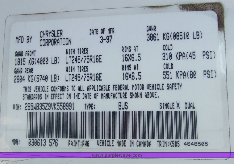 image for item 6680 1997 Dodge Ram Wagon B3500 15 passenger van