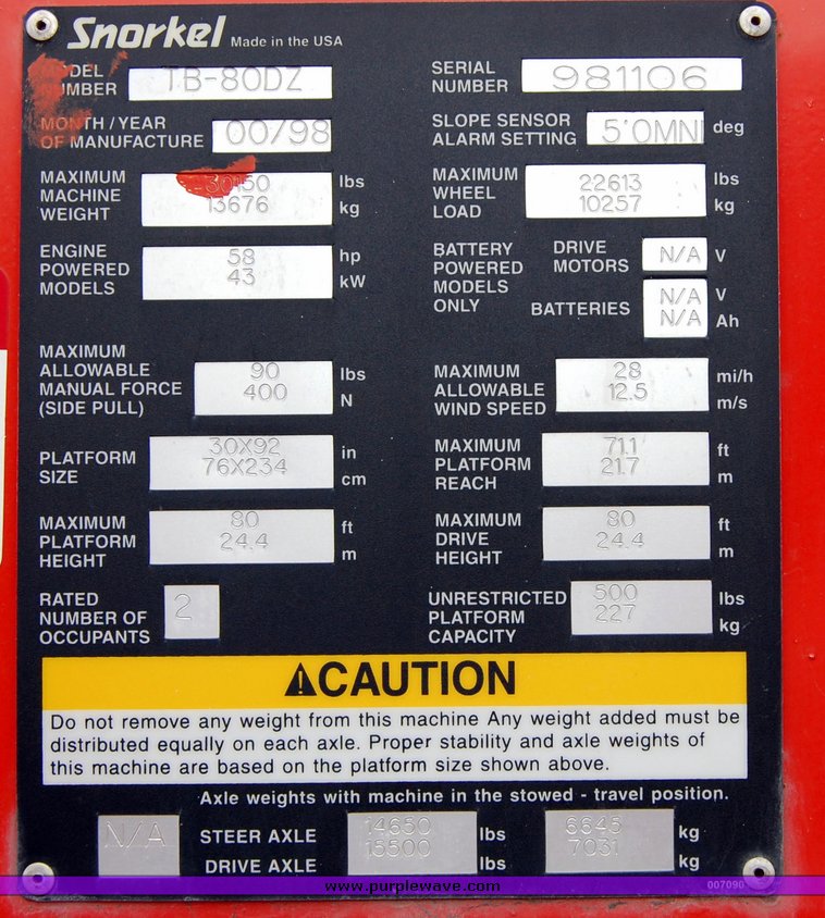 image for item 6038 1998 Snorkel TBA80DZ boom lift