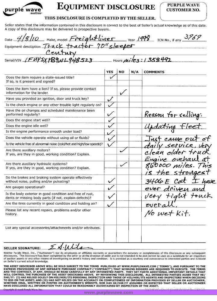 image for item 3969 1998 Freightliner Conventional FLC120 semi tractor