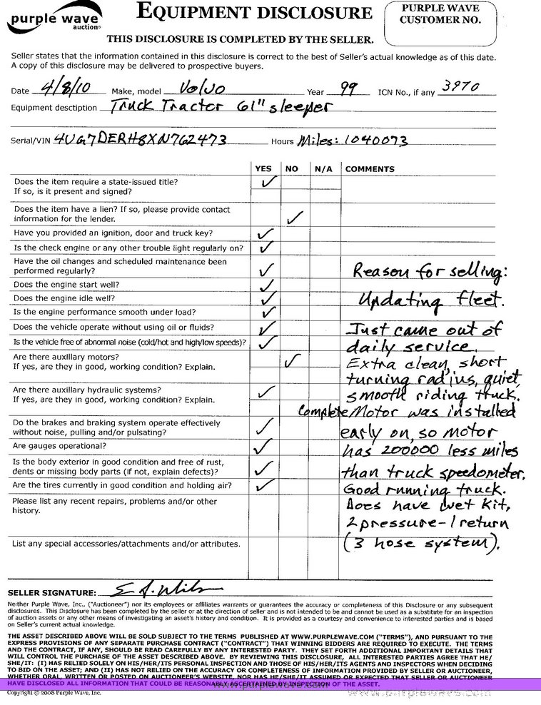 image for item 3970 1999 Volvo VNL64T610 semi tractor