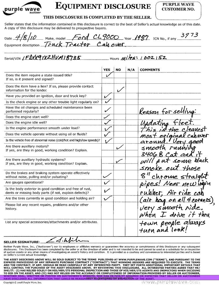 image for item 3973 1987 Ford High Tilt CLT9000 semi tractor