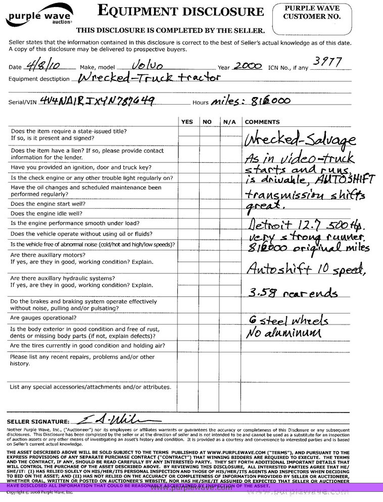 image for item 3977 2000 Volvo VNL64T610 semi tractor