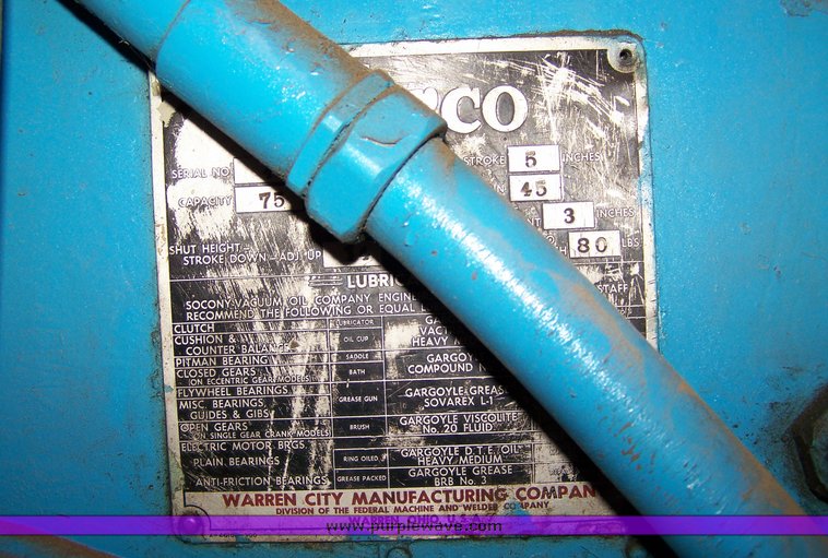 image for item 8675 Warren City Mfg 75 ton hydraulic punch