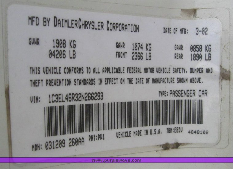 image for item 6246 2002 Chrysler Seabring