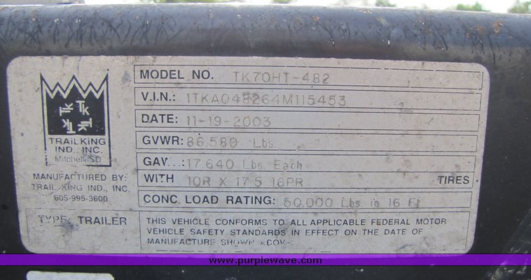 image for item 3107 2004 Trail King equipment trailer