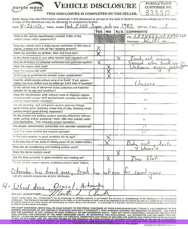 image for item 1301 1985 Ford F250 Super Cab pickup
