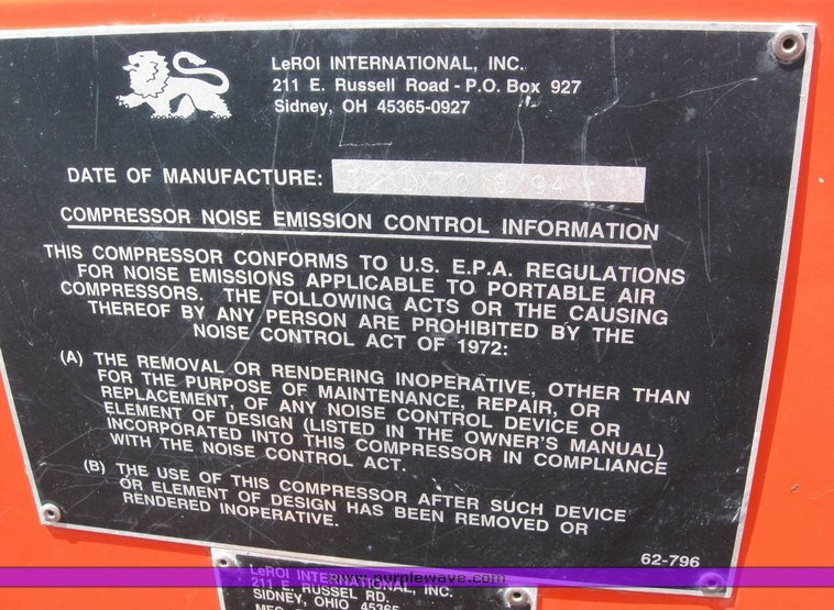 image for item 6482 1994 Leroi trailer mounted air compressor