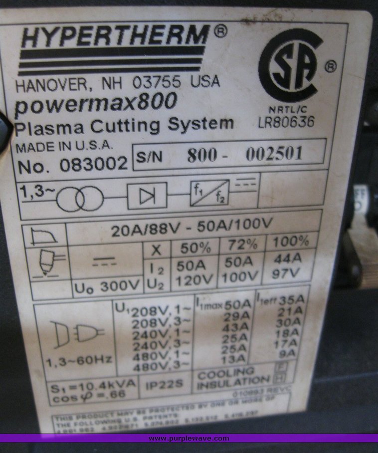 image for item 6496 Hypertherm Powermax 800 plasma cutter