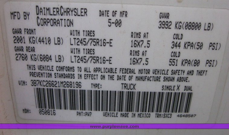 image for item 6542 2001 Dodge Ram 2500 pickup