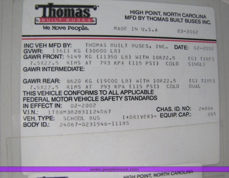 image for item 3115 2003 Thomas 65 passenger school bus