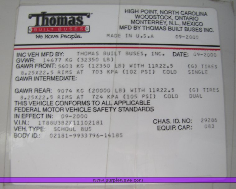 image for item 3116 2001 Thomas 83 passenger school bus