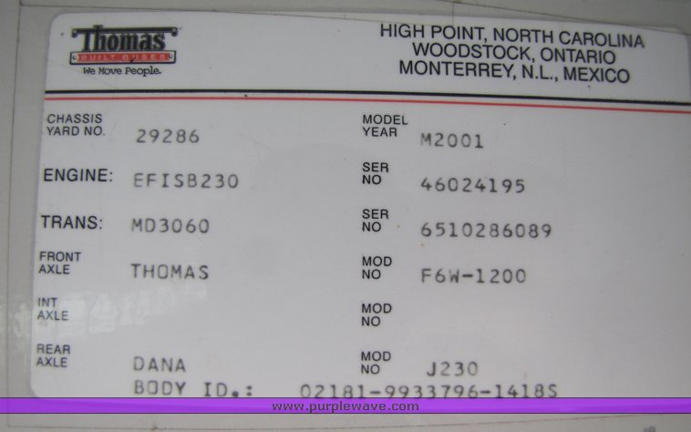 image for item 3116 2001 Thomas 83 passenger school bus