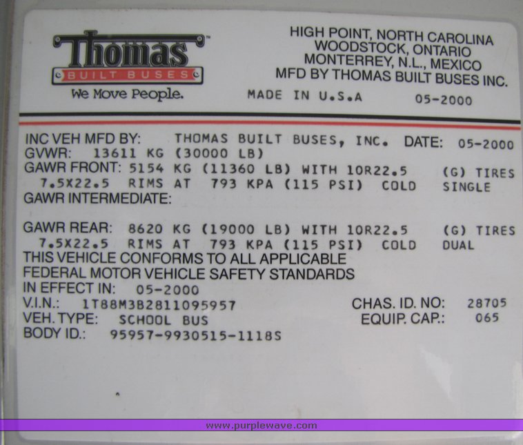 image for item 3117 2001 Thomas 65 passenger school bus