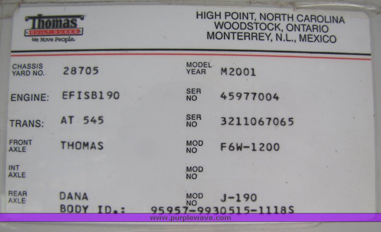 image for item 3117 2001 Thomas 65 passenger school bus
