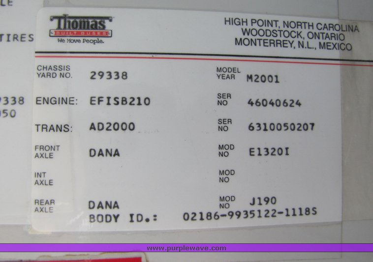 image for item 3118 2001 Thomas School Bus with wheel chair lift