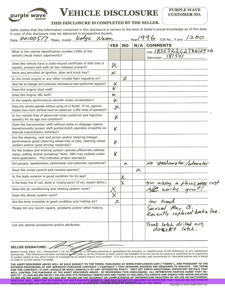 image for item 1200 1996 Dodge Neon