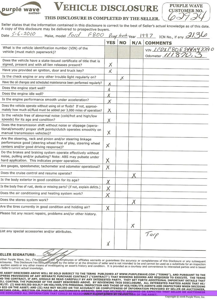 image for item 2136 1997 Ford F800 dump truck