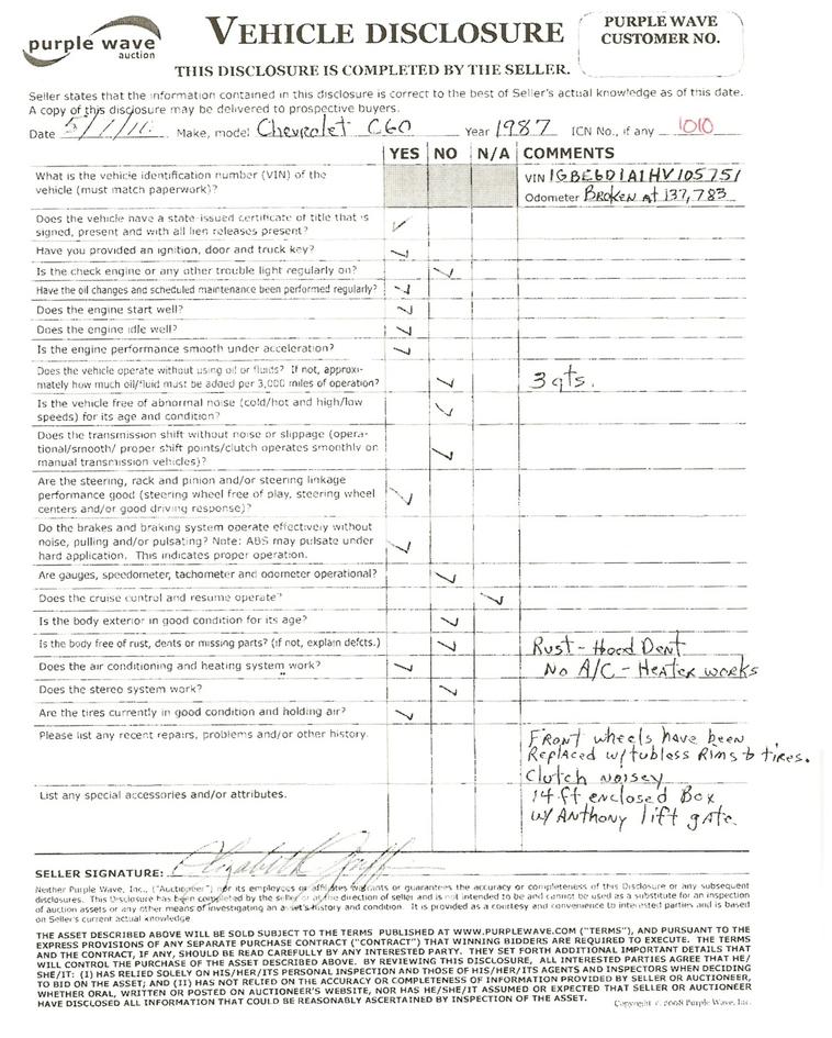 image for item 1010 1987 Chevrolet C60 box truck