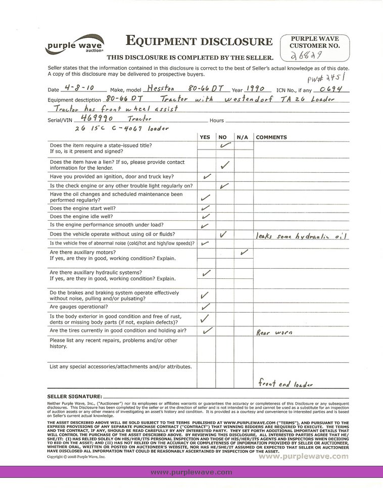 image for item 2451 1990 Hesston 80-66DT tractor with loader