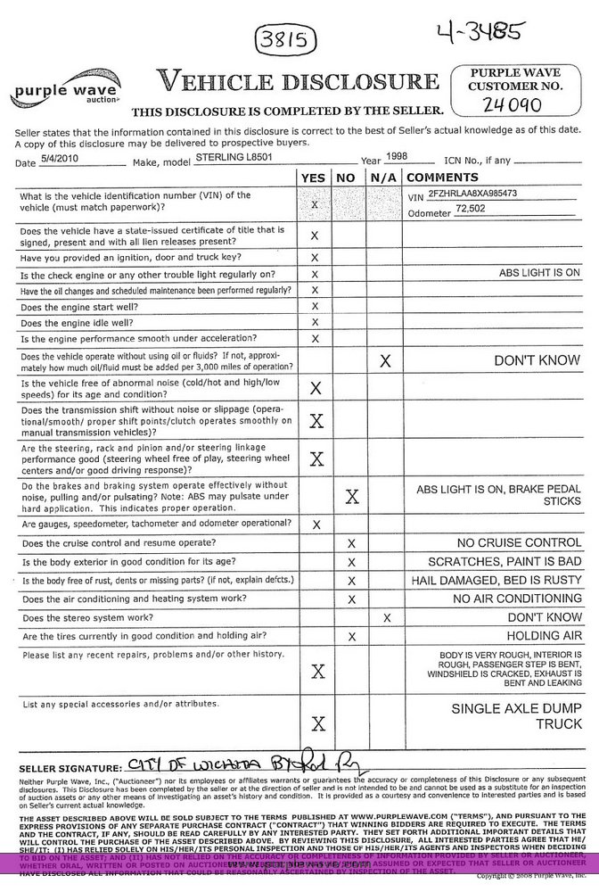 image for item 3815 1999 Sterling L8501 dump truck