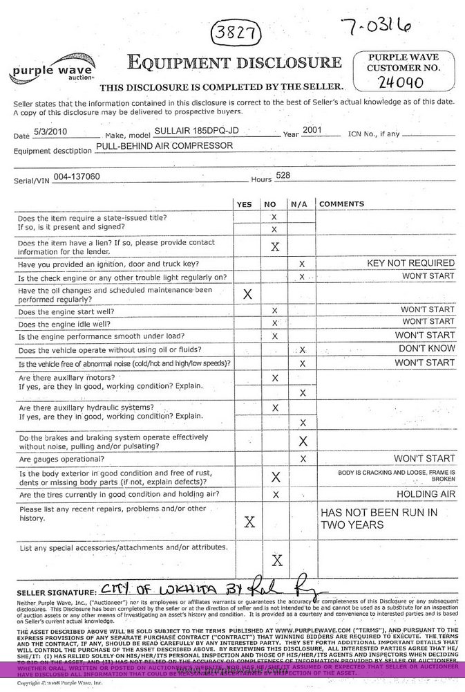 image for item 3827 2001 Sullair air compressor