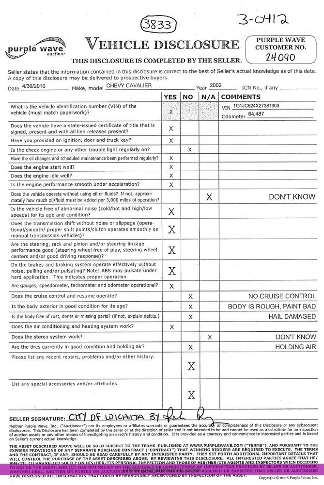 image for item 3833 2002 Chevrolet Cavalier