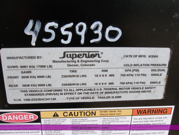 image for item 6707 2004 Superior 20' gooseneck flat bed trailer