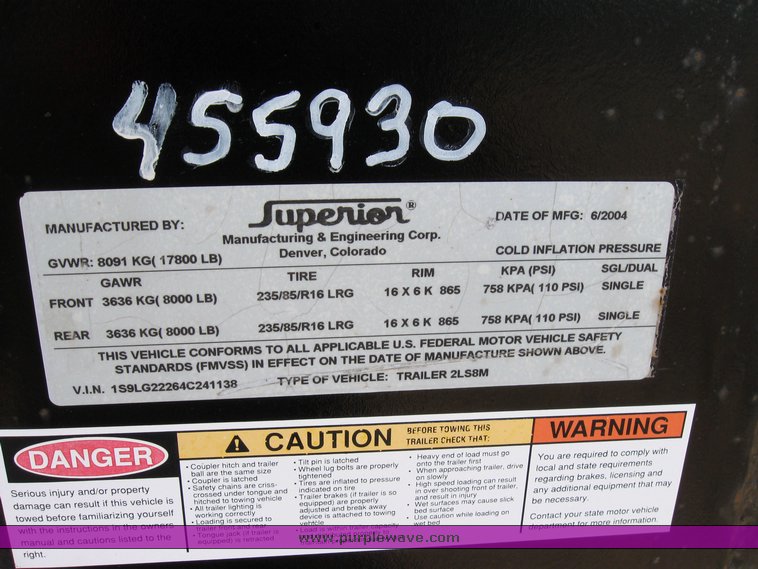 image for item 6707 2004 Superior 20' gooseneck flat bed trailer