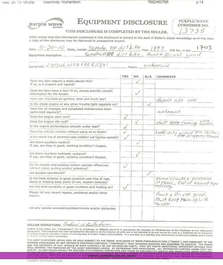 image for item 1703 1997 Yamaha RT100 dirt bike