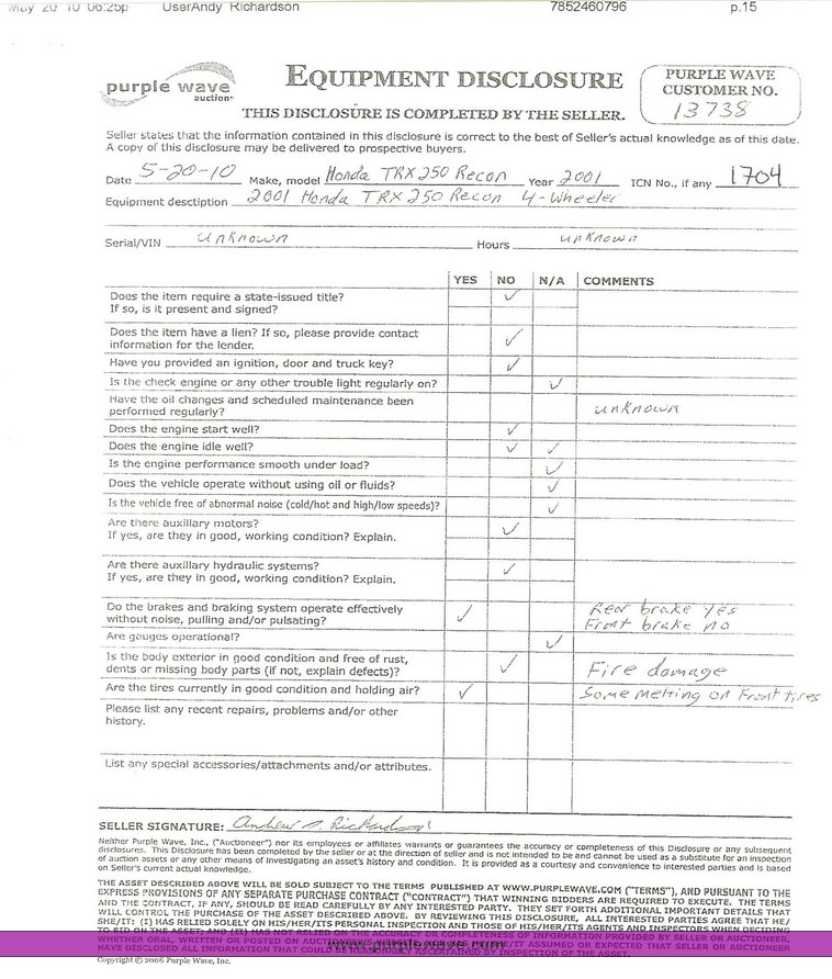 image for item 1704 2001 Honda TRX 250 Recon ATV