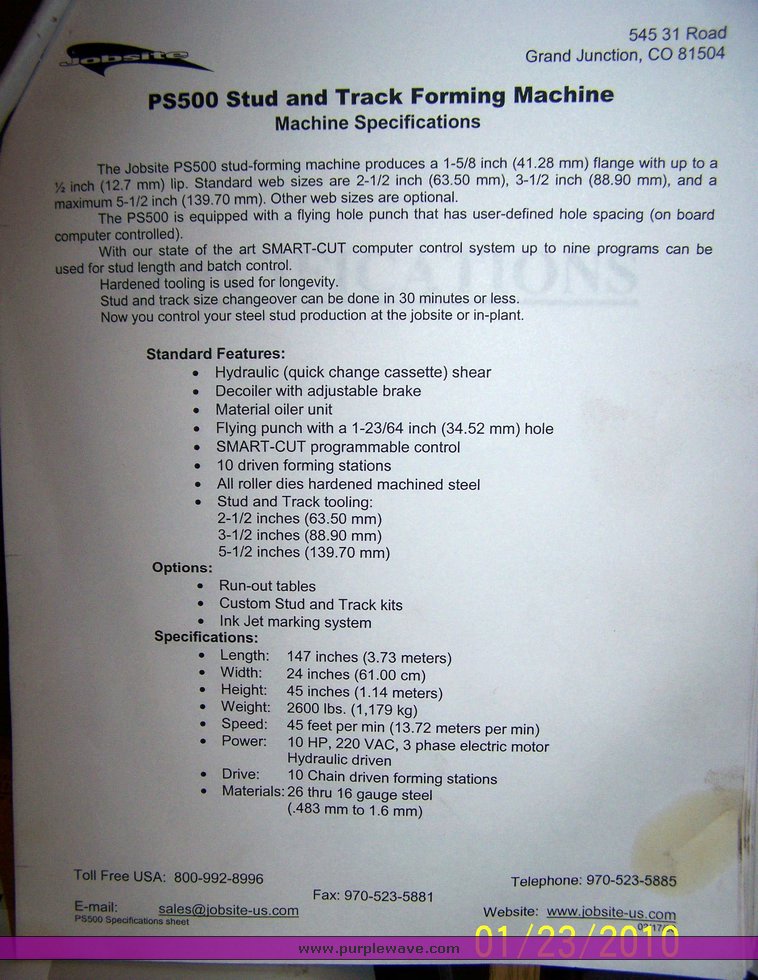 image for item 1750 Jobsite PS500 steel stud roll form