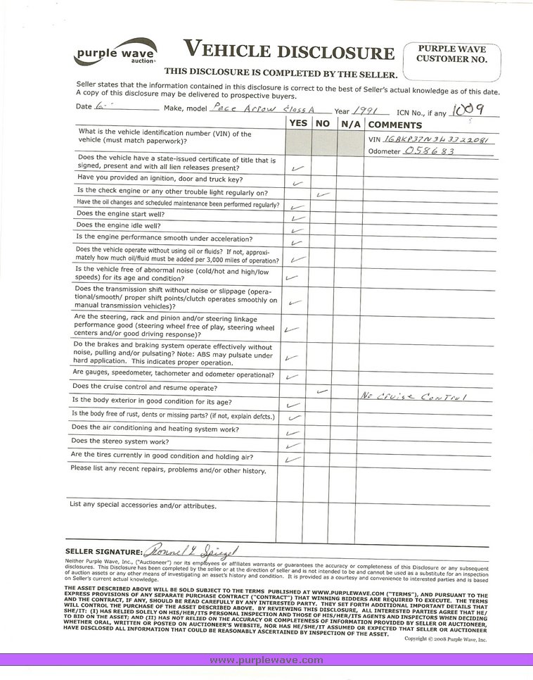 image for item 1009 1991 Pace Arrow Class A 37' motor home