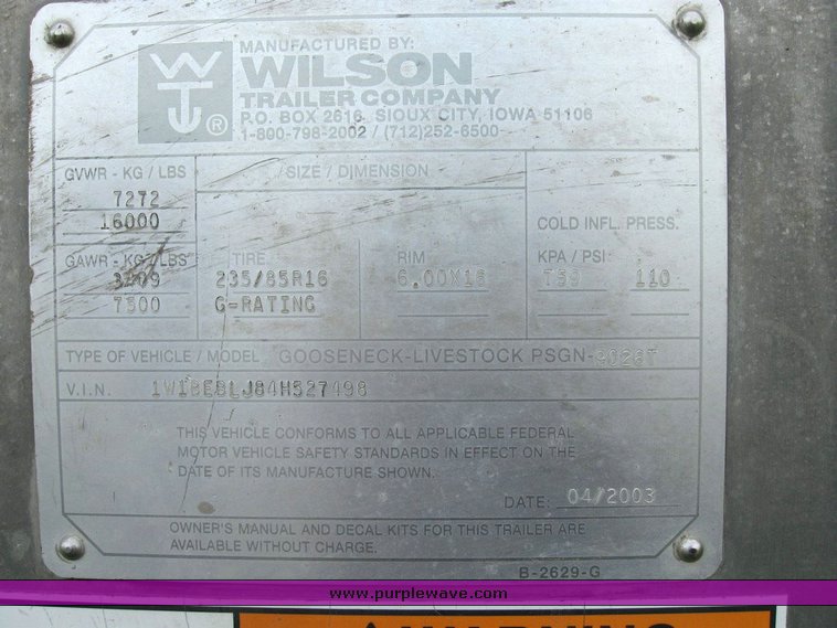 image for item 6844 2004 Wilson PSGN-9026T 26' gooseneck aluminum trailer