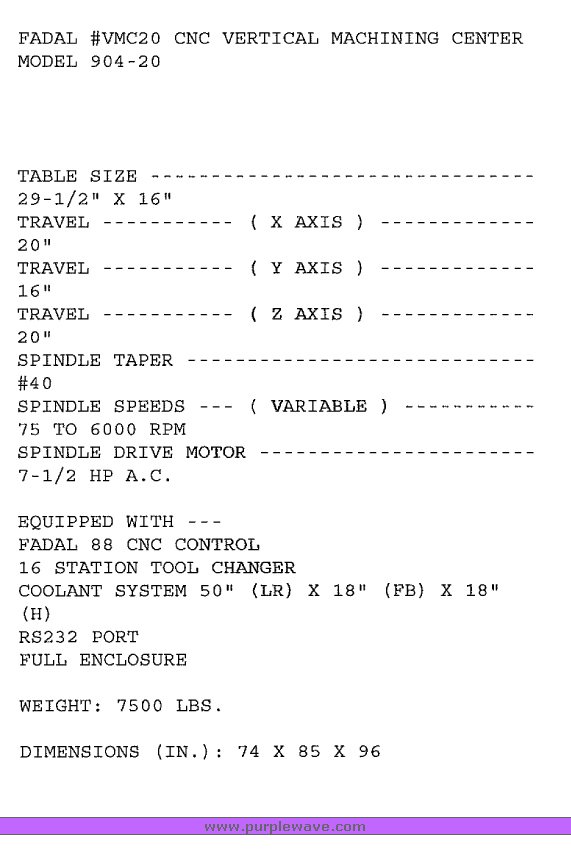 image for item 6081 Fadal VMC20 vertical milling machine