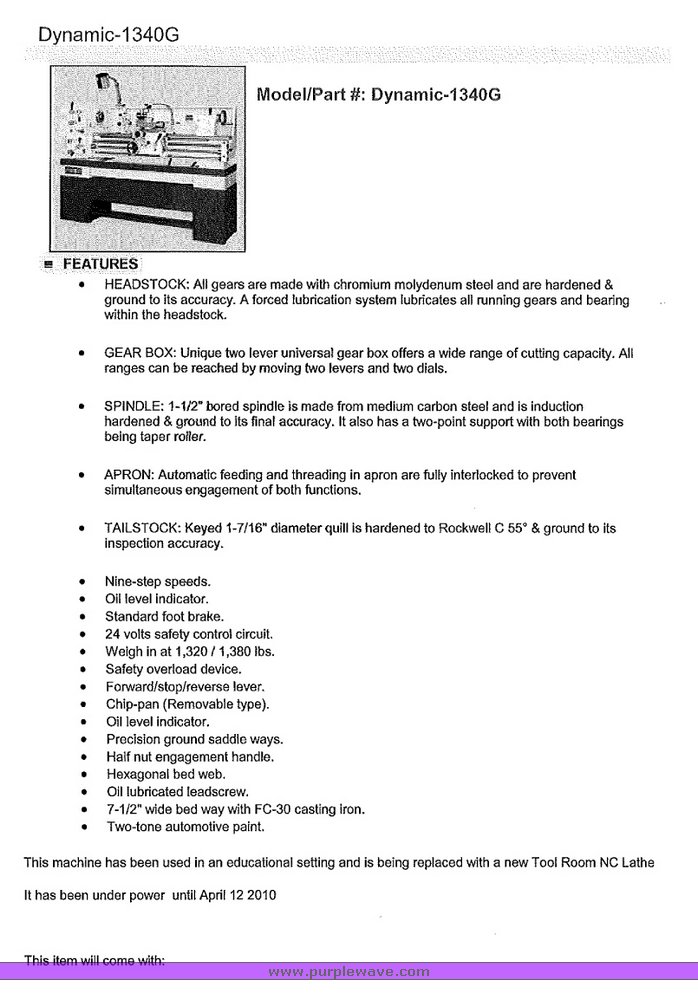 image for item 6082 Acer Dymanic 1340G metal lathe