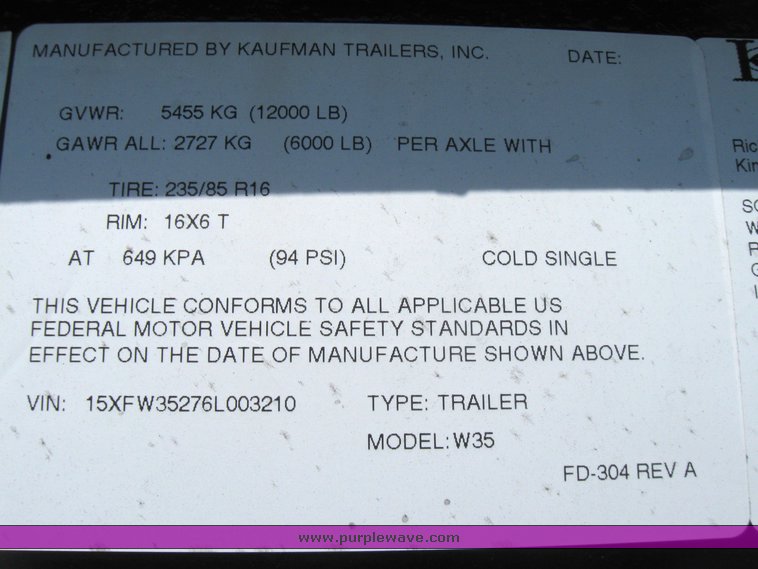 image for item 7377 2006 Kaufam W35 two car trailer