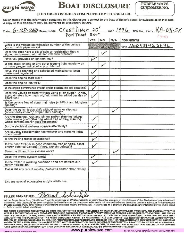 image for item 1710 1996 Crestline 20' pontoon boat