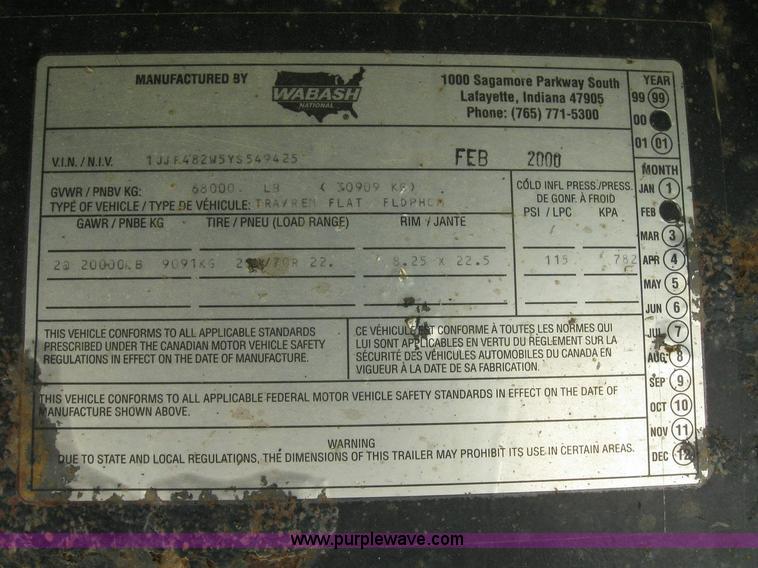 image for item 6874 2000 Wabash 52' spread axle flatbed trailer