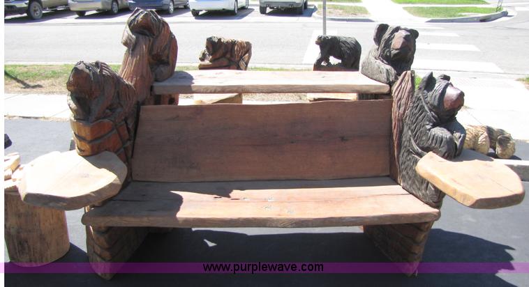image for item 7196 Bear bar & bench with tow bear stools chainsaw art carving