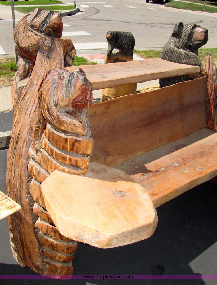 image for item 7196 Bear bar & bench with tow bear stools chainsaw art carving