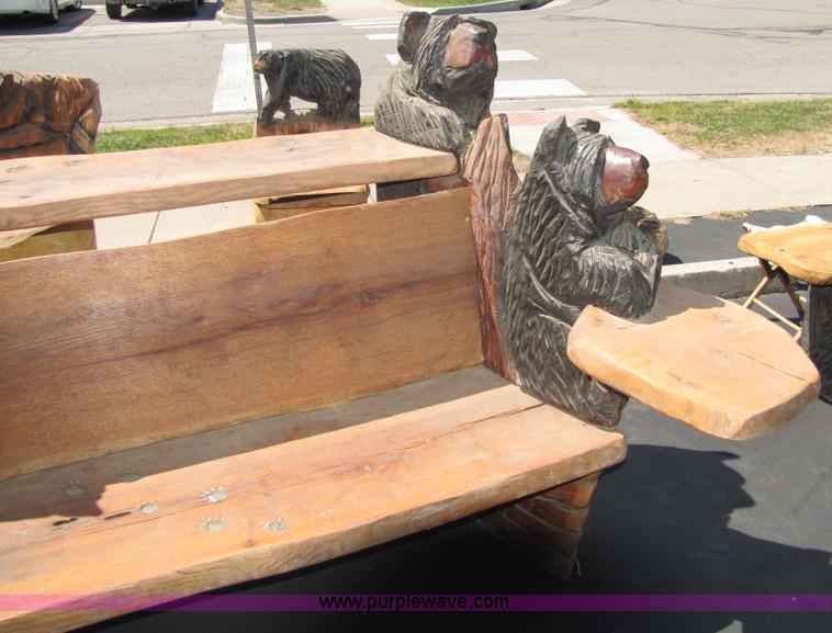 image for item 7196 Bear bar & bench with tow bear stools chainsaw art carving